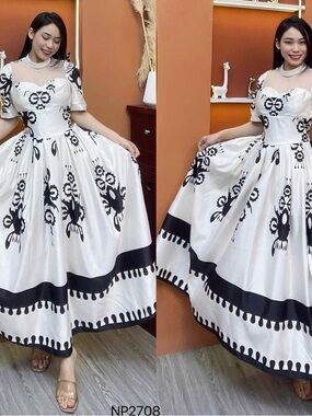 White Midi Dress with Black Floral Motif and Sheer Yoke